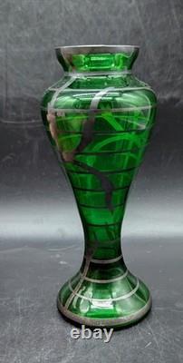 Vintage Art Nouveau Silver Overlay Green Art Glass Bud Vase 6 Bohemian