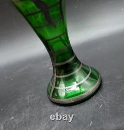 Vintage Art Nouveau Silver Overlay Green Art Glass Bud Vase 6 Bohemian