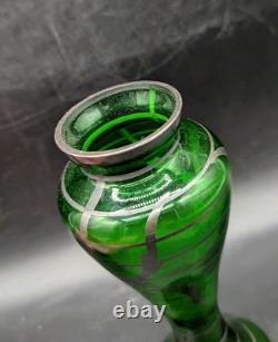 Vintage Art Nouveau Silver Overlay Green Art Glass Bud Vase 6 Bohemian