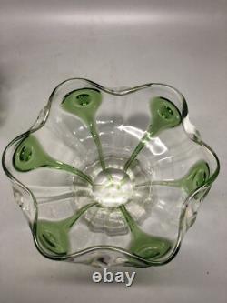 Vintage Art Nouveau Stuart & Sons Green Peacock Eye & Trailed Glass Bowl C. 1905