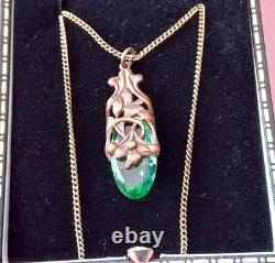 Vintage Art Nouveau Style Pendant Green Glass Silver Chain-rare