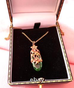 Vintage Art Nouveau Style Pendant Green Glass Silver Chain-rare