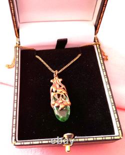 Vintage Art Nouveau Style Pendant Green Glass Silver Chain-rare