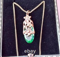 Vintage Art Nouveau Style Pendant Green Glass Silver Chain-rare