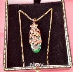 Vintage Art Nouveau Style Pendant Green Glass Silver Chain-rare