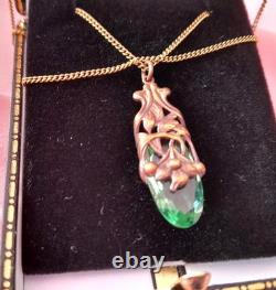 Vintage Art Nouveau Style Pendant Green Glass Silver Chain-rare