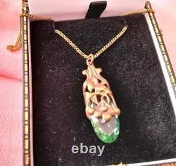 Vintage Art Nouveau Style Pendant Green Glass Silver Chain-rare