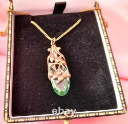 Vintage Art Nouveau Style Pendant Green Glass Silver Chain-rare