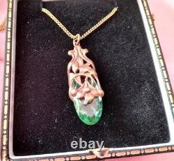Vintage Art Nouveau Style Pendant Green Glass Silver Chain-rare