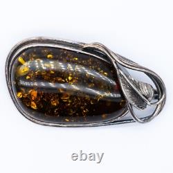 Vintage Art Nouveau Style Sterling Silver Green Amber Pendant Brooch