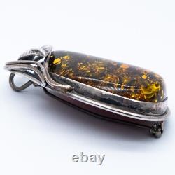 Vintage Art Nouveau Style Sterling Silver Green Amber Pendant Brooch