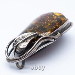 Vintage Art Nouveau Style Sterling Silver Green Amber Pendant Brooch