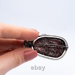 Vintage Art Nouveau Style Sterling Silver Green Amber Pendant Brooch
