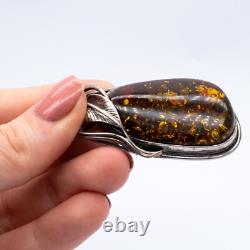 Vintage Art Nouveau Style Sterling Silver Green Amber Pendant Brooch