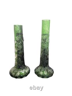 Vintage Art Nouveau Vase Pair Green Unmarked Acid Etched GORGEOUS