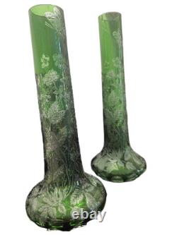 Vintage Art Nouveau Vase Pair Green Unmarked Acid Etched GORGEOUS