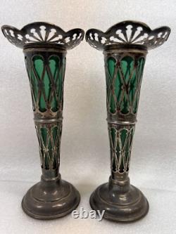 Vintage Art Nouveau William Aitken 1905 Sterling Silver Green Art Glass Vase Set