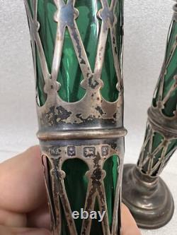 Vintage Art Nouveau William Aitken 1905 Sterling Silver Green Art Glass Vase Set