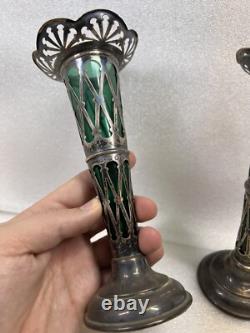 Vintage Art Nouveau William Aitken 1905 Sterling Silver Green Art Glass Vase Set