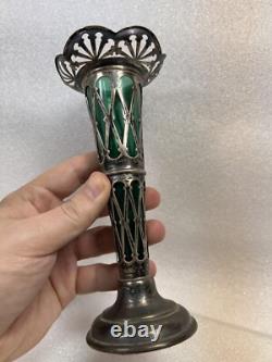 Vintage Art Nouveau William Aitken 1905 Sterling Silver Green Art Glass Vase Set