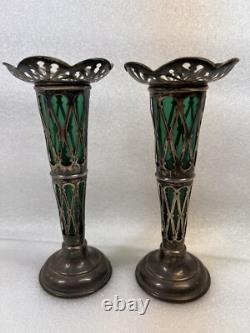 Vintage Art Nouveau William Aitken 1905 Sterling Silver Green Art Glass Vase Set