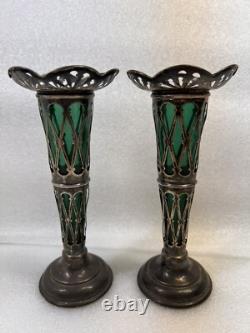 Vintage Art Nouveau William Aitken 1905 Sterling Silver Green Art Glass Vase Set