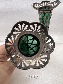 Vintage Art Nouveau William Aitken 1905 Sterling Silver Green Art Glass Vase Set