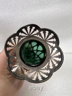 Vintage Art Nouveau William Aitken 1905 Sterling Silver Green Art Glass Vase Set