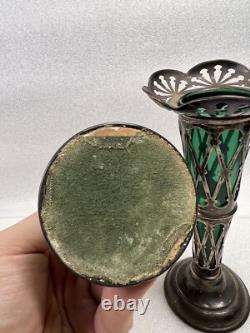 Vintage Art Nouveau William Aitken 1905 Sterling Silver Green Art Glass Vase Set