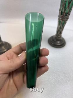 Vintage Art Nouveau William Aitken 1905 Sterling Silver Green Art Glass Vase Set