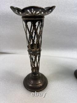 Vintage Art Nouveau William Aitken 1905 Sterling Silver Green Art Glass Vase Set