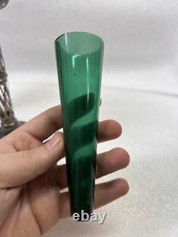 Vintage Art Nouveau William Aitken 1905 Sterling Silver Green Art Glass Vase Set