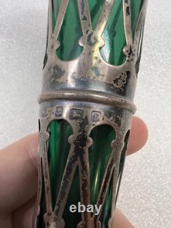 Vintage Art Nouveau William Aitken 1905 Sterling Silver Green Art Glass Vase Set