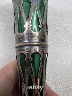 Vintage Art Nouveau William Aitken 1905 Sterling Silver Green Art Glass Vase Set