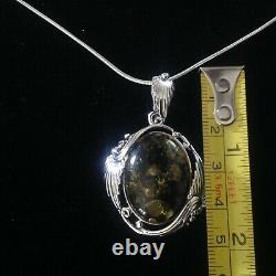 Vintage Art Nouveau style Sterling Silver Chunky Green Amber Pendant Necklace BN