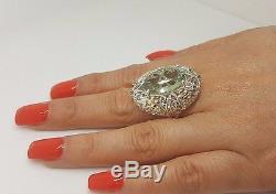 Vintage Art nouveau 14K Gold & Sterling Silver 10TCW Green Amethyst Diamond Ring