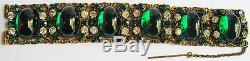 Vintage Bling Czech Brass Emerald Green Glass Cabochons & Rhinestone Bracelet