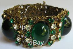 Vintage Bling Czech Brass Emerald Green Glass Cabochons & Rhinestone Bracelet