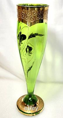 Vintage Bohemian Art Nouveau Czech Emerald Green Glass Vase Gold Bleeding Hearts