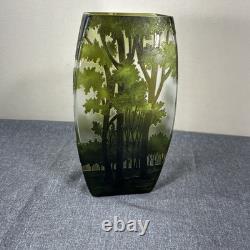 Vintage CAMEO French Style Art Nouveau Etched Layered Forest Glass Vase 9.5tall