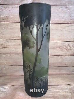 Vintage Cameo Art Glass Art Nouveau Brown Green Forest Acid Etched Cylinder Vase