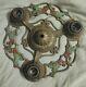 Vintage Ceiling 3 Bulb Light Fixture Art Nouveau Deco, Red Flowers, Green Leaves