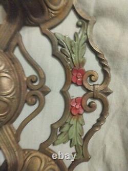 Vintage Ceiling 3 Bulb Light fixture Art Nouveau Deco, Red Flowers, Green Leaves