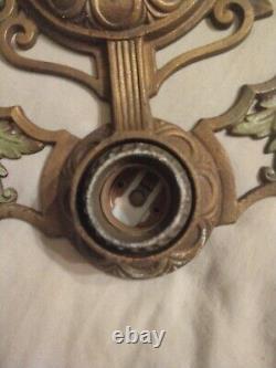 Vintage Ceiling 3 Bulb Light fixture Art Nouveau Deco, Red Flowers, Green Leaves