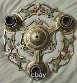 Vintage Ceiling 3 Bulb Light fixture Art Nouveau Deco, Red Flowers, Leaves
