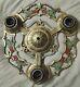 Vintage Ceiling 3 Bulb Light Fixture Art Nouveau Deco, Red Flowers, Leaves
