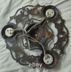 Vintage Ceiling 3 Bulb Light fixture Art Nouveau Deco, Red Flowers, Leaves