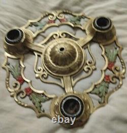 Vintage Ceiling 3 Bulb Light fixture Art Nouveau Deco, Red Flowers, Leaves