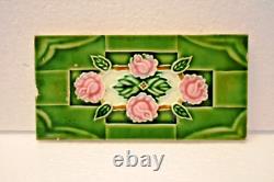 Vintage Ceramic Tile Saji Japan with Pink Roses and Green Back Art Nouveau