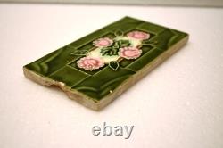 Vintage Ceramic Tile Saji Japan with Pink Roses and Green Back Art Nouveau